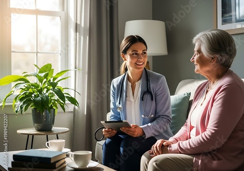 Medical professional consulting senior woman at home in bright living room