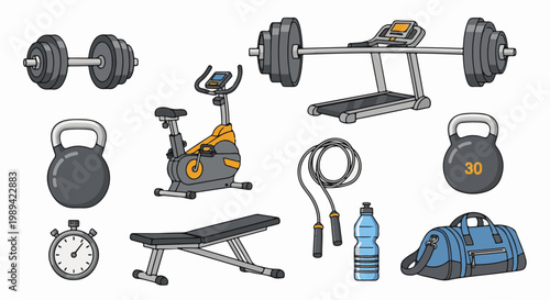 Collection of fitness equipment for a home gym, including weights, cardio machines