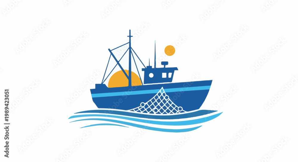 Naklejka premium A blue fishing boat with nets and sun on ocean waves