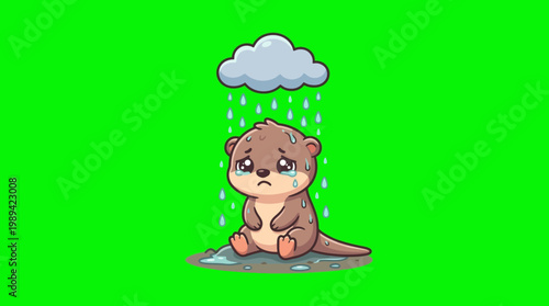 Sad Cartoon Otter Crying in the Rain