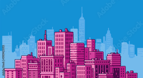 A pixel art cityscape featuring a dense collection of pink skyscrapers