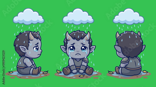 Sad Cartoon Demon Character Crying in the Rain