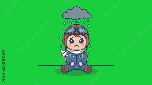 Sad Little Pilot Sitting in the Rain