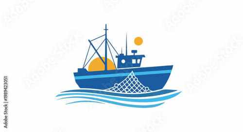 A blue fishing boat with nets and sun on ocean waves