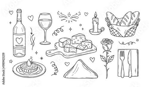 A cozy vector doodle collection featuring wine, food, and romantic dinner elements. Includes hand-drawn illustrations such as wine glasses, candles, plates, desserts, hearts, and table settings. Perfe