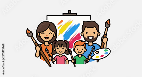 Cheerful family with paintbrushes and easel