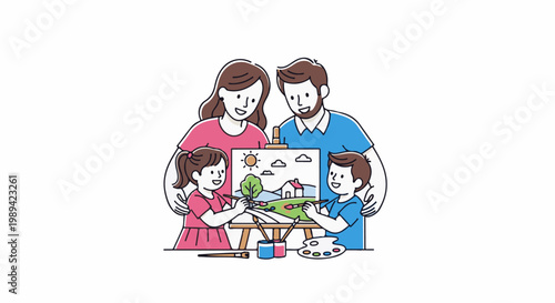 A family of four happily painting a landscape picture together