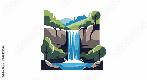 Serene waterfall cascades down rocky cliffs surrounded by lush green foliage
