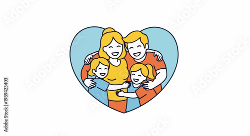 A loving family of four with parents and two children embracing in a blue heart