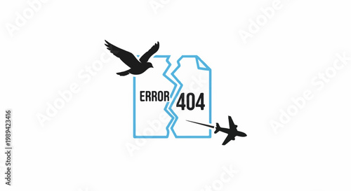 Bird flies from torn paper with ERROR 404, plane flies away