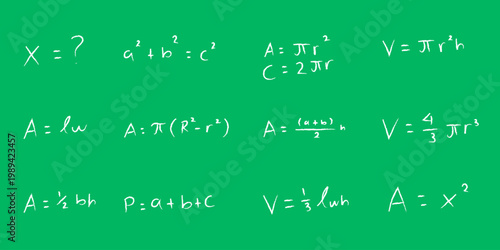 Hand-Drawn Mathematical Geometry Formulas on Green Chalkboard Background