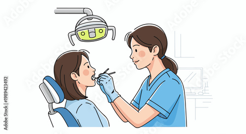 Dentist examining a patient's teeth under a dental lamp in a clinic