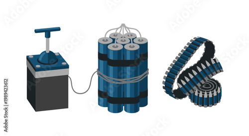 Dynamite, Detonator, and Ammunition Belt - Danger and Explosives Concept