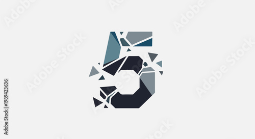 Abstract geometric numeral five exploding into shards and triangles