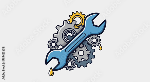 Blue wrench and gears with dripping oil droplets on white background