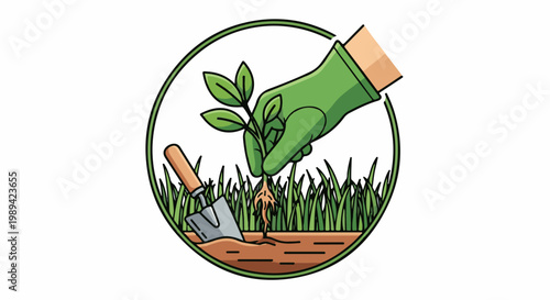 Gloved hand plants seedling in soil with trowel and grass