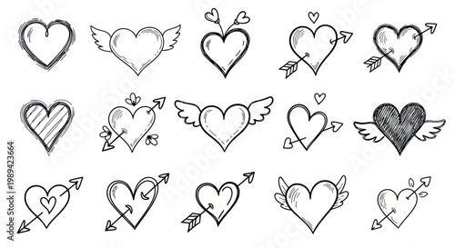 Hand-drawn Heart Collection: Love Symbols, Arrows, Wings, Sketch Style