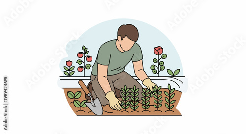Gardener kneeling in a garden tending to young plants and flowers