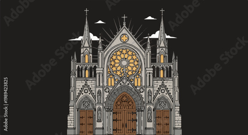Ornate Gothic cathedral facade with rose window and spires, against black