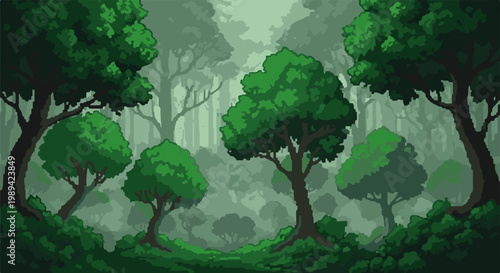 Pixelated forest scene with dense green trees and a hazy atmosphere