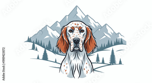 Spotted dog in snowy mountain landscape with fir trees