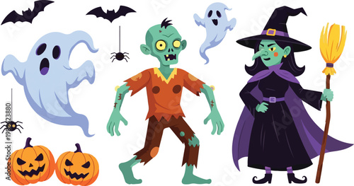 Halloween cartoon character collection with spooky witch, green zombie, flying ghosts and carved pumpkins. Vector set of horror monsters, bats and spiders for party decor.