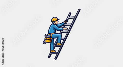 Cartoon depiction of a worker in blue overalls climbing a ladder
