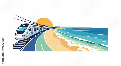 A modern train travels along a scenic coast beside a sunlit ocean