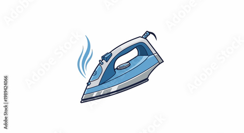 A cartoon illustration of a blue and white steam iron emitting blue steam