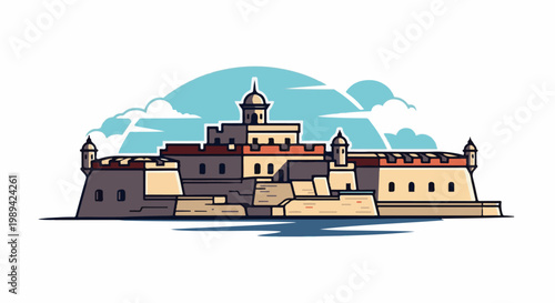A pixelated illustration of a fortified building with turrets and battlements under a cloudy sky