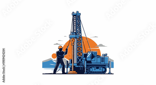Worker operates drilling rig at sunrise in mountainous terrain
