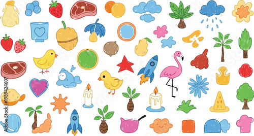 Cute Doodle Elements Collection: Animals, Food, Nature, and Objects Vector Illustration