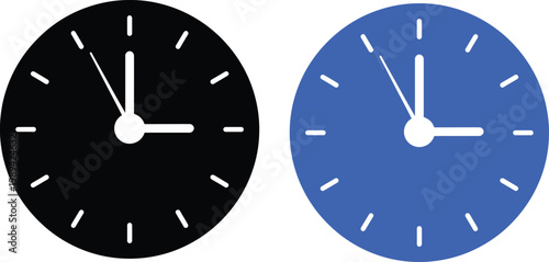 Two simple clocks, black and blue, showing different times, flat design vector illustration