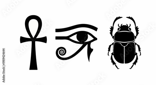 Ankh, Eye of Horus, and scarab beetle symbols, vector art