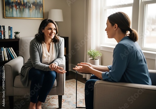 Two women talking indoors during daylight in a room with a large window