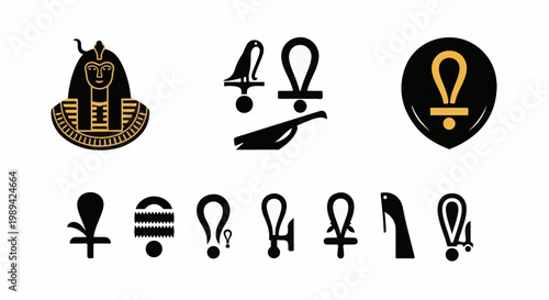 Collection of Egyptian hieroglyphic symbols and a pharaoh's bust
