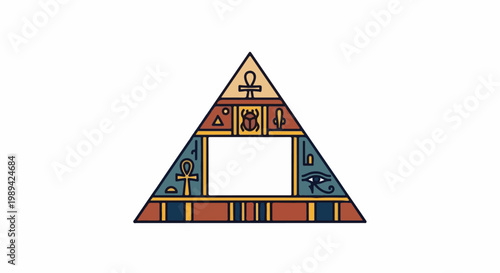 Stylized pyramid with Egyptian hieroglyphs and a central blank frame