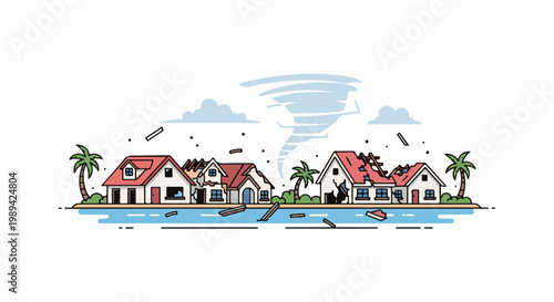 Stylized scene depicts houses battered by a tornado and floodwaters