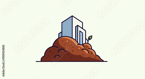 Modern buildings grow from fertile soil, a sprout emerges