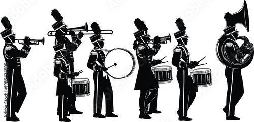 Detailed black silhouette illustration of a marching band performing in uniform with various musical instruments including drums, trumpets, trombone, and sousaphone on white background