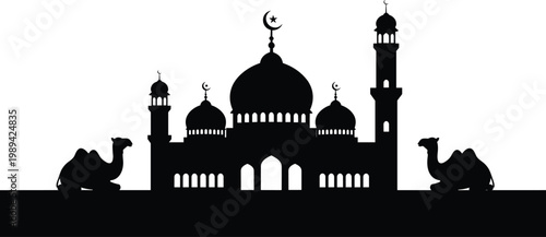 Detailed black silhouette of an Islamic mosque featuring domes and minarets with two camels resting in the foreground isolated on a clean white background