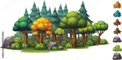 Stylized forest landscape vector set, lush green and autumn orange deciduous trees with pine evergreens and rocks, cartoon nature environment elements for game design and maps
