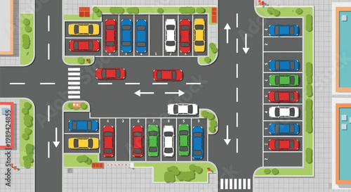 Aerial view of a parking lot with colorful cars and directional arrows