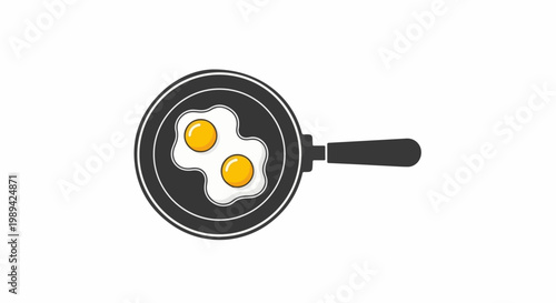 Two sunny-side up eggs cooking in a dark gray frying pan on a white background