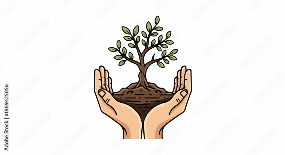 Fototapeta premium Two cupped hands cradle a young tree with roots in soil