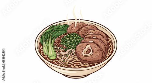 Steaming bowl of noodles with sliced meat, greens, and chopped scallions