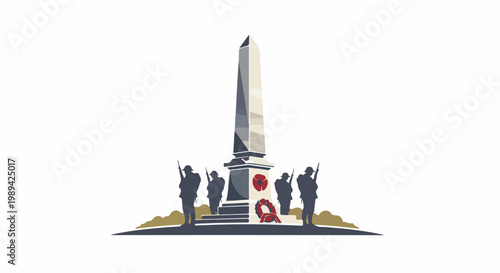 Solemn monument guarded by silhouette soldiers, honoring remembrance