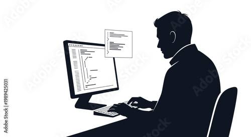 A silhouetted man coding at a computer with data visualizations