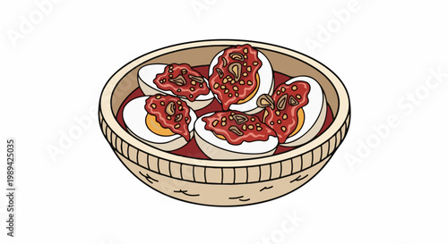 Hard-boiled eggs, halved, topped with a red savory sauce and bits