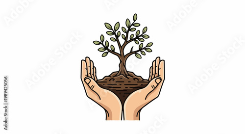 Two cupped hands cradle a young tree with roots in soil